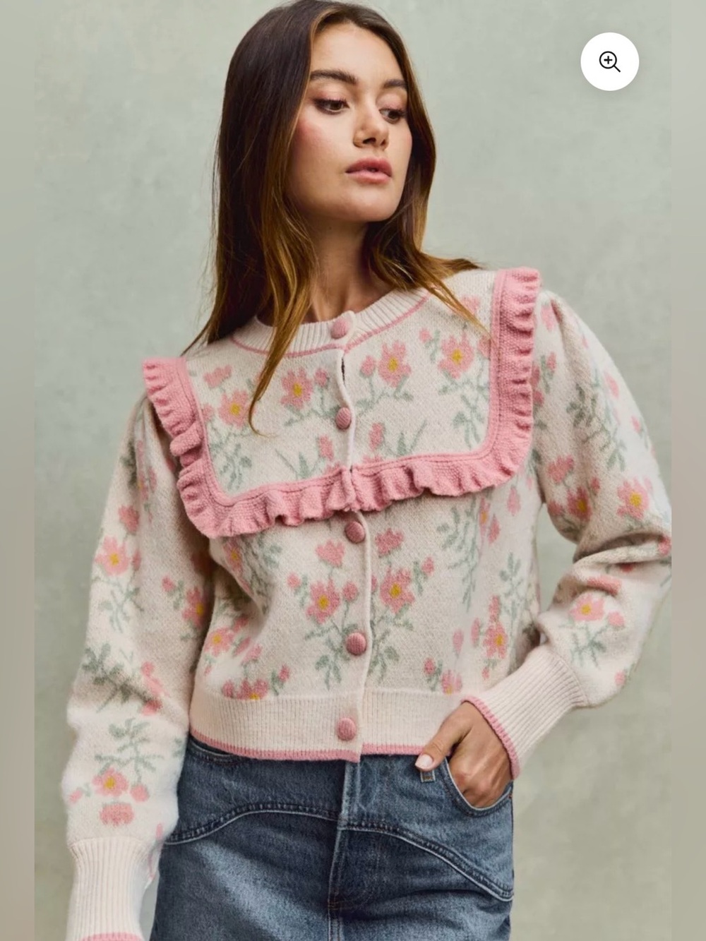 So Me L Pink Floral Ruffle Cardigan Coquette Cottagecore Puff Sleeve Sweater